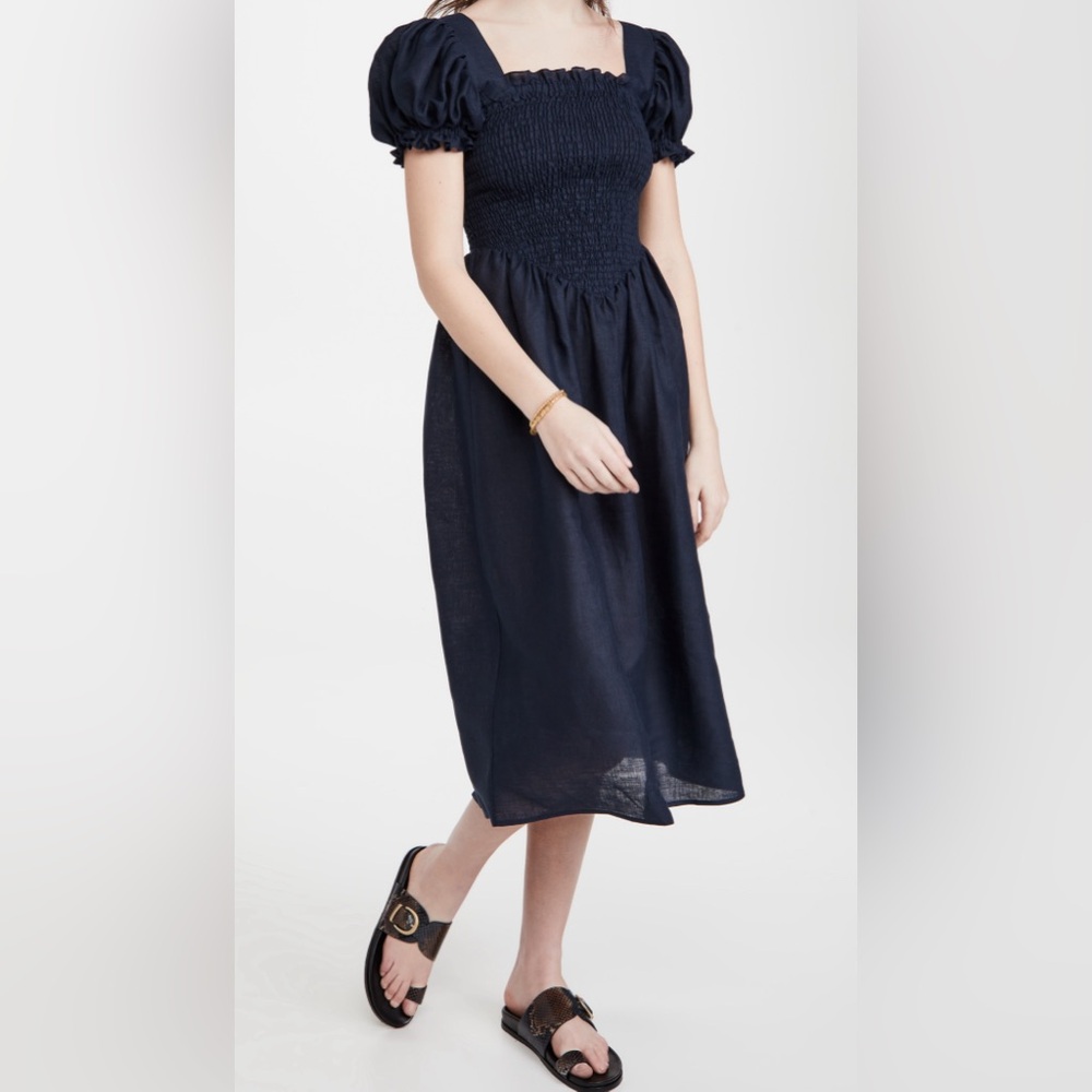 Sleeper Belle Navy Linen Summer Dress Puff Sleeves Smocked Bust